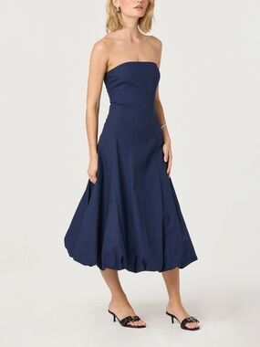 Astr Strapless Navy Blue Bubble Hem Midi Dress
